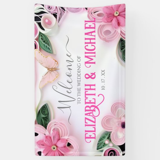 カスタマイズ結婚フローラフレームパステルバタフライ 横断幕 (縦)