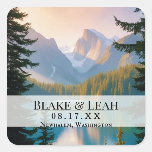 カスタマイズ結婚可能な日付イベントステッカー山 スクエアシール (正面)