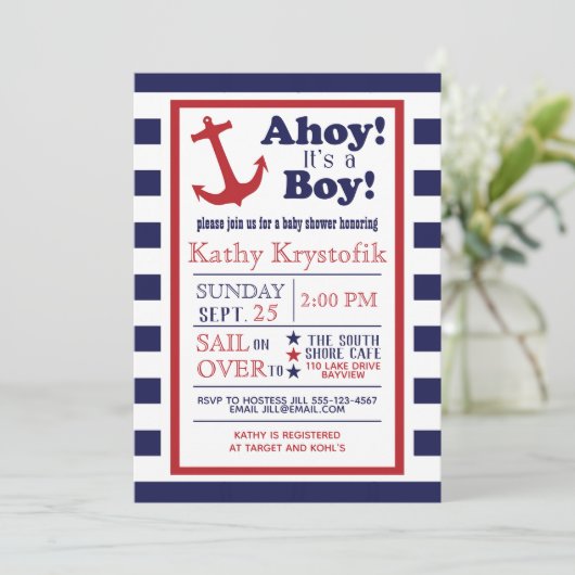 カスタマイズ航海の可能な男の赤ちゃんシャワー招待状 招待状 (スタンド正面)