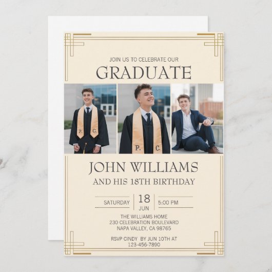 カスタマイズ誕生日金ゴールド縁ど 招待状 (正面/裏面)