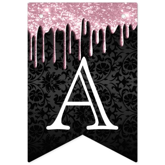 カスタマイズ誕生日 – ピンクグリッター&ブラックダマスク バンティングフラッグ (第2の旗)