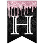 カスタマイズ誕生日 – ピンクグリッター&ブラックダマスク バンティングフラッグ (第1の旗)