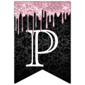 カスタマイズ誕生日 – ピンクグリッター&ブラックダマスク バンティングフラッグ (第3の旗)