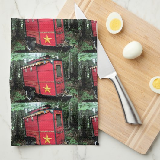 カスタマイズ赤いジプシーの小さいキャラバン キッチンタオル (四つ折り)