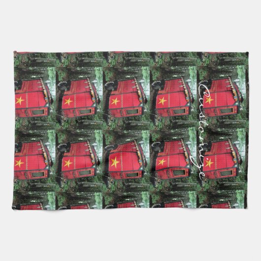 カスタマイズ赤いジプシーの小さいキャラバン キッチンタオル (横)