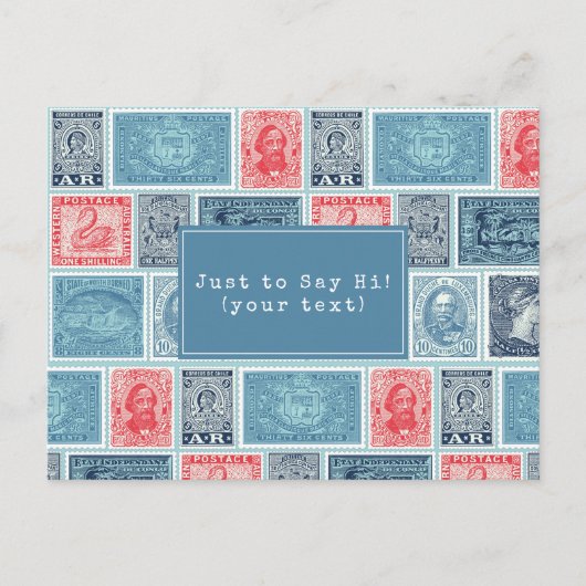 カスタマイズ郵便切手ヴィンテージ青い赤いパターン ポストカード (正面)