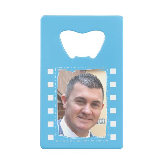 カスタマイズ2枚の写真と淡青と白 クレジットカード栓抜き (正面)