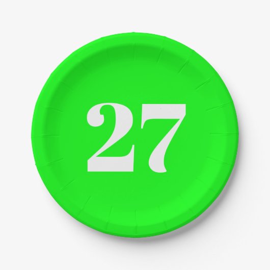 カスタマイズ/イニシャル付きホワイトレター番号ネオン緑 ペーパープレート (正面)