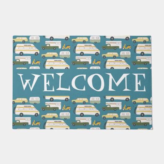 カスタマイズ!ウェルカムキャンパーヴィンテージヴァンライフRV ドアマット (正面)