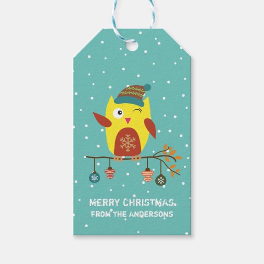 カスタマイズ「メリークリスマス」かわいいクリスマスフクロウ ギフトタグ (正面)
