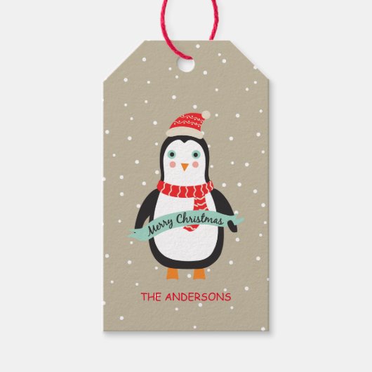 カスタマイズ"メリークリスマス"のかわいいペンギン ギフトタグ (正面)