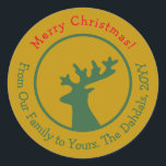 カスタマイズChristmas Reindeer Head Green Red金ゴールド ラウンドシール<br><div class="desc">アートワークは、緑と金ゴールドエレガントの色で提示されたトナカイの頭の他に、2つのカスタマイズ可能なタイポグラフィフィールドと休日の願いと署名のパーソナライズ。クリスマスのホリデーシーズンの喜びを表すフェスティバルでシックなデザイン。質問や特別な要求に対し連絡て、アーティストwafadahdalcreates@gmail.com.© Wafa Y. Dahdal – 全著作権所有。WDアート</div>