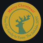 カスタマイズChristmas Reindeer Head Green Red金ゴールド ラウンドシール<br><div class="desc">アートワークは、緑と金ゴールドエレガントの色で提示されたトナカイの頭の他に、2つのカスタマイズ可能なタイポグラフィフィールドと休日の願いと署名のパーソナライズ。クリスマスのホリデーシーズンの喜びを表すフェスティバルでシックなデザイン。質問や特別な要求に対し連絡て、アーティストwafadahdalcreates@gmail.com.© Wafa Y. Dahdal – 全著作権所有。WDアート</div>