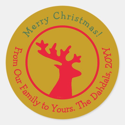 カスタマイズChristmas Reindeer Head Red Green金ゴールド ラウンドシール (正面)