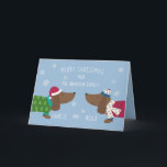カスタマイズDaschund Cute Cartoon Christmas カード<br><div class="desc">このカスタマイズ可能なカードは、青い背景に冬をテーマにしたクリスマスデザインに2つの可愛いダッシュボードを備えている。これをカスタマイズするには、あなたの家族の名前、友人や年のための特別なメッセージ。カードの前に犬の名前を付けもしる。「パーソナライズ」セクションのこのセクションを消去すもしる場合は、単にファミリ名を使用する。連絡: hello@designsdumonde.comよりカスタマイズが可能で救済す。</div>