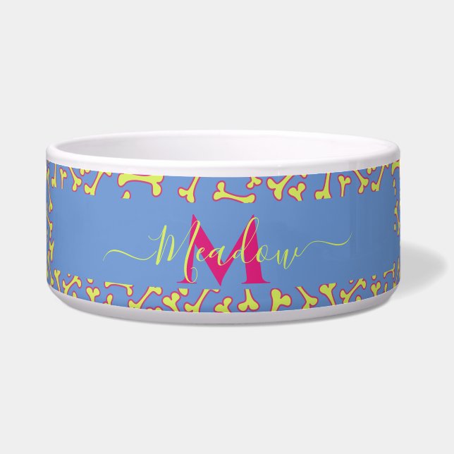 カスタマイズMonogram犬の骨マンガラージブルー ボウル (正面)