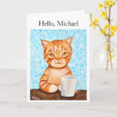 カスタムあいさつおもしろいオレンジタビーの猫とコーヒー カード (黄色い花)