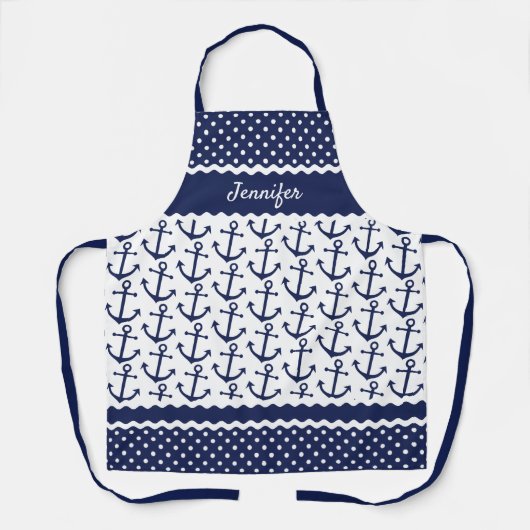 カスタムいかりス航海のホワイト水玉模様ダークブルー エプロン (正面)