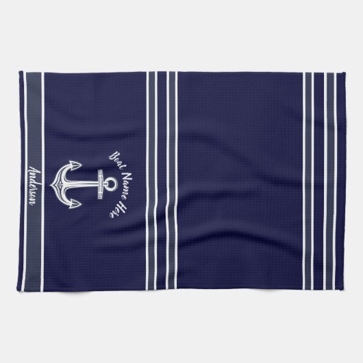 カスタムいかり航海のバスルームダークネイビーブルー キッチンタオル (横)