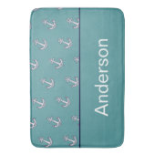 カスタムいかり航海のバスルームティール(緑がかった色)ネイビーブルー バスマット (正面縦)