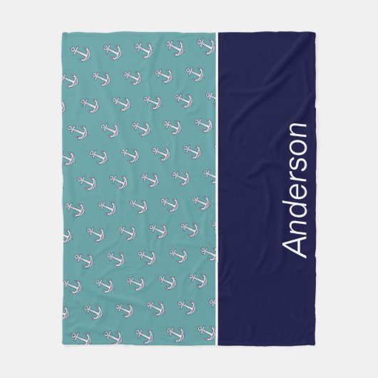 カスタムいかり航海のバスルームティール(緑がかった色)ネイビーブルー フリースブランケット (正面)