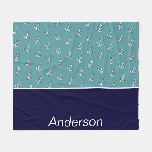 カスタムいかり航海のバスルームティール（緑がかった色）ネイビーブルー フリースブランケット (正面(横))