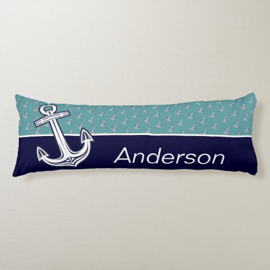 カスタムいかり航海のバスルームティール（緑がかった色）ネイビーブルー ボディピロー (正面)