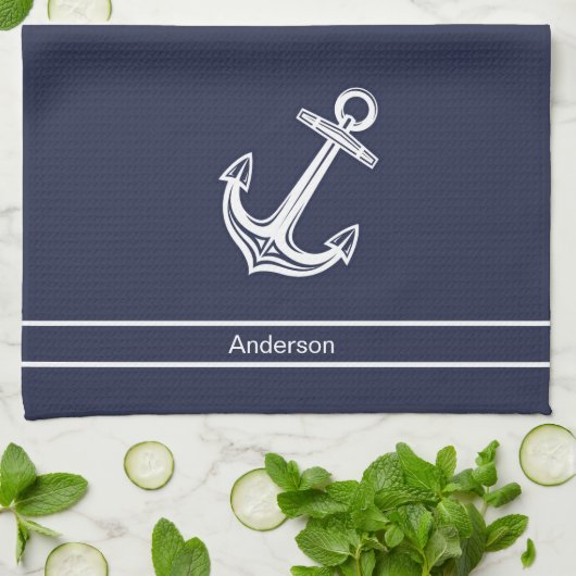 カスタムいかり航海のバスルーム海ネイビーブルー キッチンタオル (折り畳み)