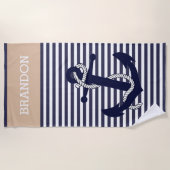 カスタムいかり航海のブルータウペベージュストライプ ビーチタオル (正面)