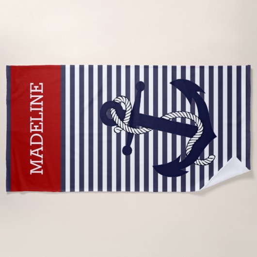カスタムいかり航海のブルーダークレッドストライプ ビーチタオル (正面)