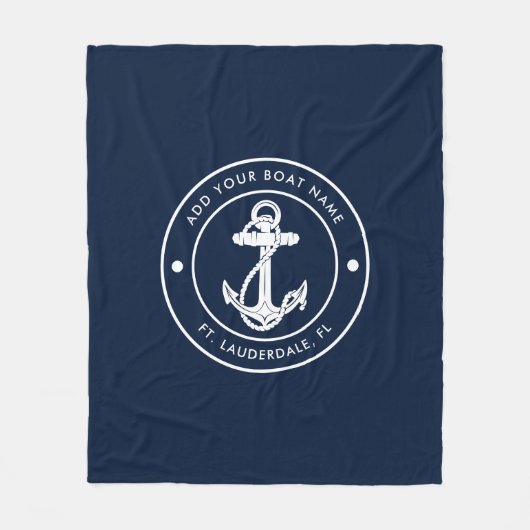 カスタムいかり航海のボートネームネイビーブルーボート フリースブランケット (正面)