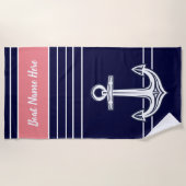 カスタムいかり航海の海ネイビーブルーコーラル ビーチタオル (正面)