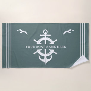 カスタムいかり船名船の車輪の航海のセージ ビーチタオル