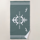 カスタムいかり船名船の車輪の航海のセージ ビーチタオル (正面)