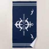 カスタムいかり船名船の車輪の青航海の色 ビーチタオル (正面)