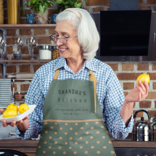 カスタムおばあちゃんのキッチンブルーとタン水玉模様 エプロン