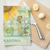 カスタムおばあちゃんグリーンジンガムひまわり蝶 キッチンタオル (四つ折り)