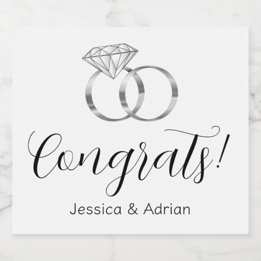 カスタムおめでとうシルバー結婚ズリングや輪婚約 スパークリングワインラベル (シングルラベル)