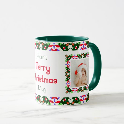 カスタムおもしろいすてきクリスマスグリーンパターンフォトティー マグカップ (正面右)