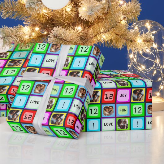 カスタムおもしろいカラフルパーソナライズされた文字と3枚の写真 ラッピングペーパー (クリスマス)