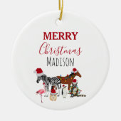 カスタムおもしろいクリスマス動物サンタ帽子ライト セラミックオーナメント (正面)