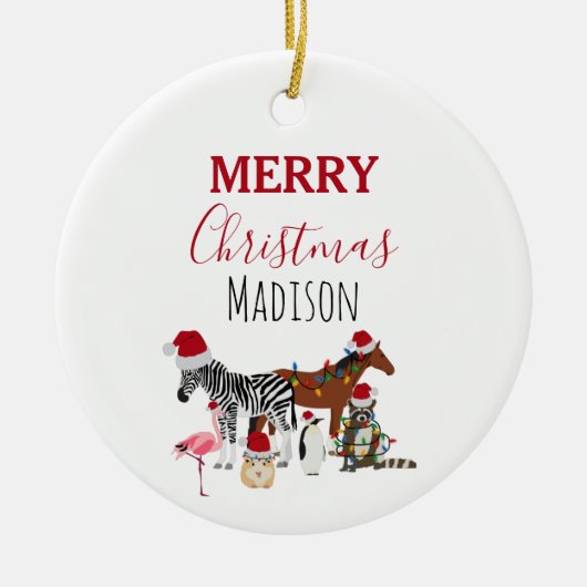 カスタムおもしろいクリスマス動物サンタ帽子ライト セラミックオーナメント (正面)