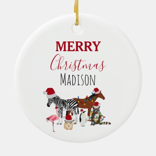 カスタムおもしろいクリスマス動物サンタ帽子ライト セラミックオーナメント (裏面)