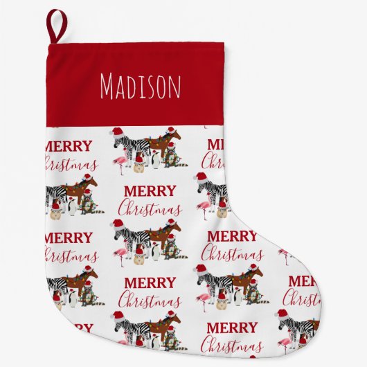 カスタムおもしろいクリスマス動物サンタ帽子ライト ラージクリスマスストッキング (正面)
