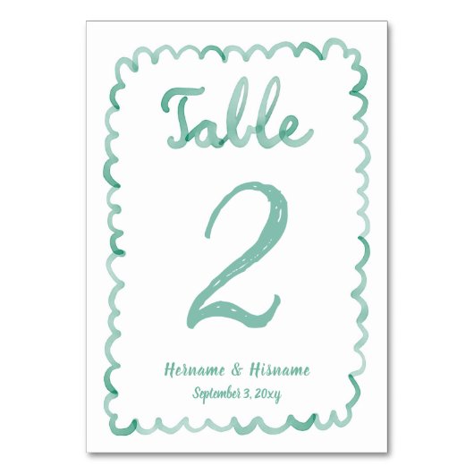 カスタムおもしろいハンドドローお洒落ドオリーブグリーンホワイト テーブルナンバー (正面)