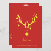 カスタムおもしろいモダンクリスマスカードトナカイ金ゴールド赤 シーズンカード (正面/裏面)