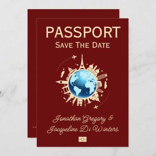 カスタムおもしろい宛先Passport日付の保存 招待状 (正面/裏面)