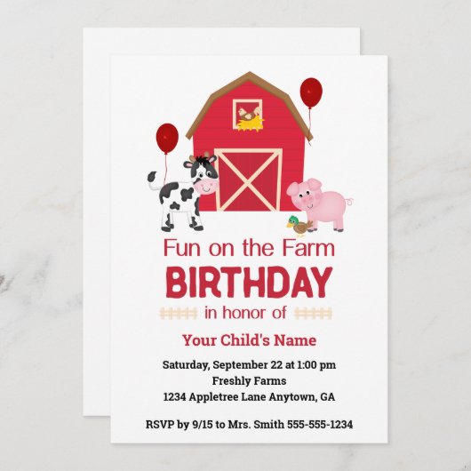 カスタムおもしろい農園誕生日動物 招待状 (正面/裏面)