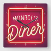 カスタムお名前レッドネオンフェイクサインレトロディナール スクエア壁時計 (正面)