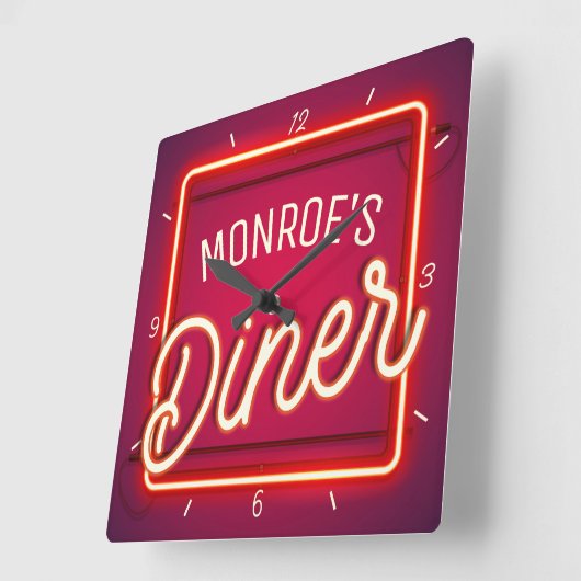 カスタムお名前レッドネオンフェイクサインレトロディナール スクエア壁時計 (傾斜)